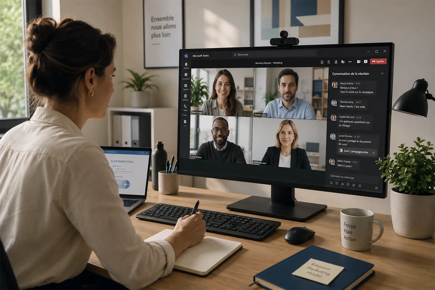 une femme qui travaille avec microsoft 365 et copilot
